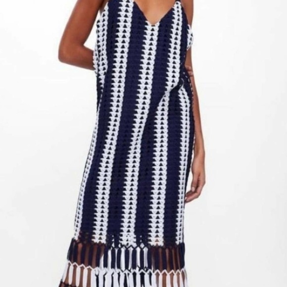 Zara Blue and White Fringe Midi Dress - Picture 6 of 14